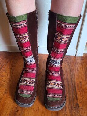 Peruvian Andean Knee-High Boots | Brown Suede + Woven Textile | Size 8.5 |
